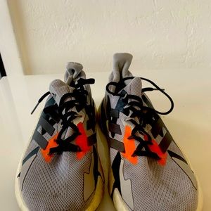 Adidas training shoes, low top, gray, black and orange.